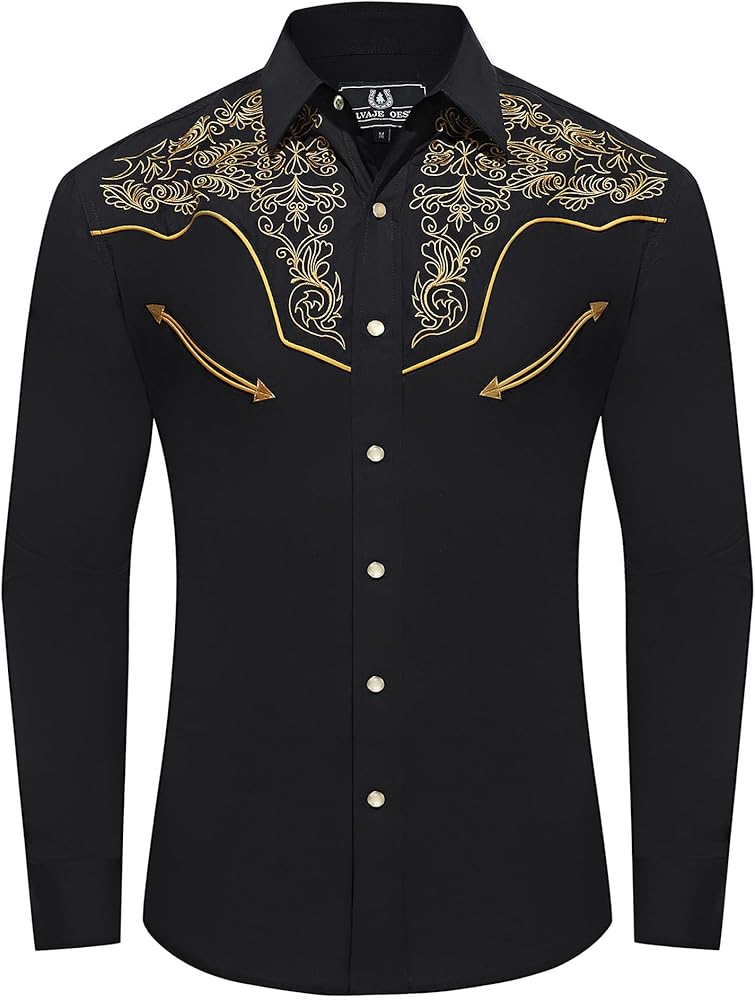 Men's Western Cowboy Shirt Embroidered Long Sleeve Casual Snap Button Down Shirt