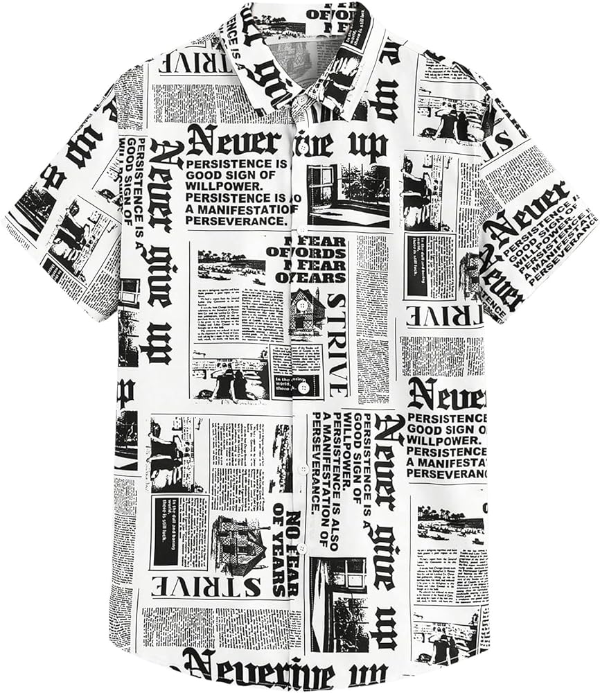 WDIRARA Men's Newspaper Print Short Sleeve Button Down Shirt Casual Streetwear Collared Shirt Tops