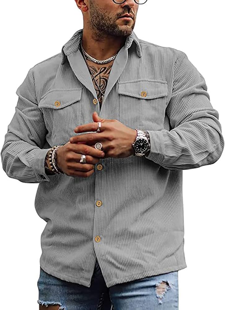 utcoco Mens Corduroy Button Down Shirt Casual Relaxed-Fit Lapel Long Sleeve Jacket for Men