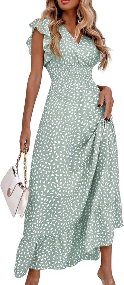 Boho Dresses for Women 2024 Summer Floral Print V Neck Maxi High Waist Wrap Dress Hawaiian Beach Flowy Dress