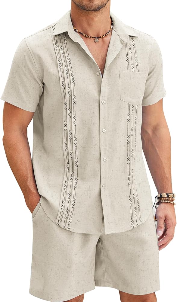 COOFANDY Men Linen Sets Outfits 2 Piece Short Sleeve Cuban Shirts Guayabera Linen Suit