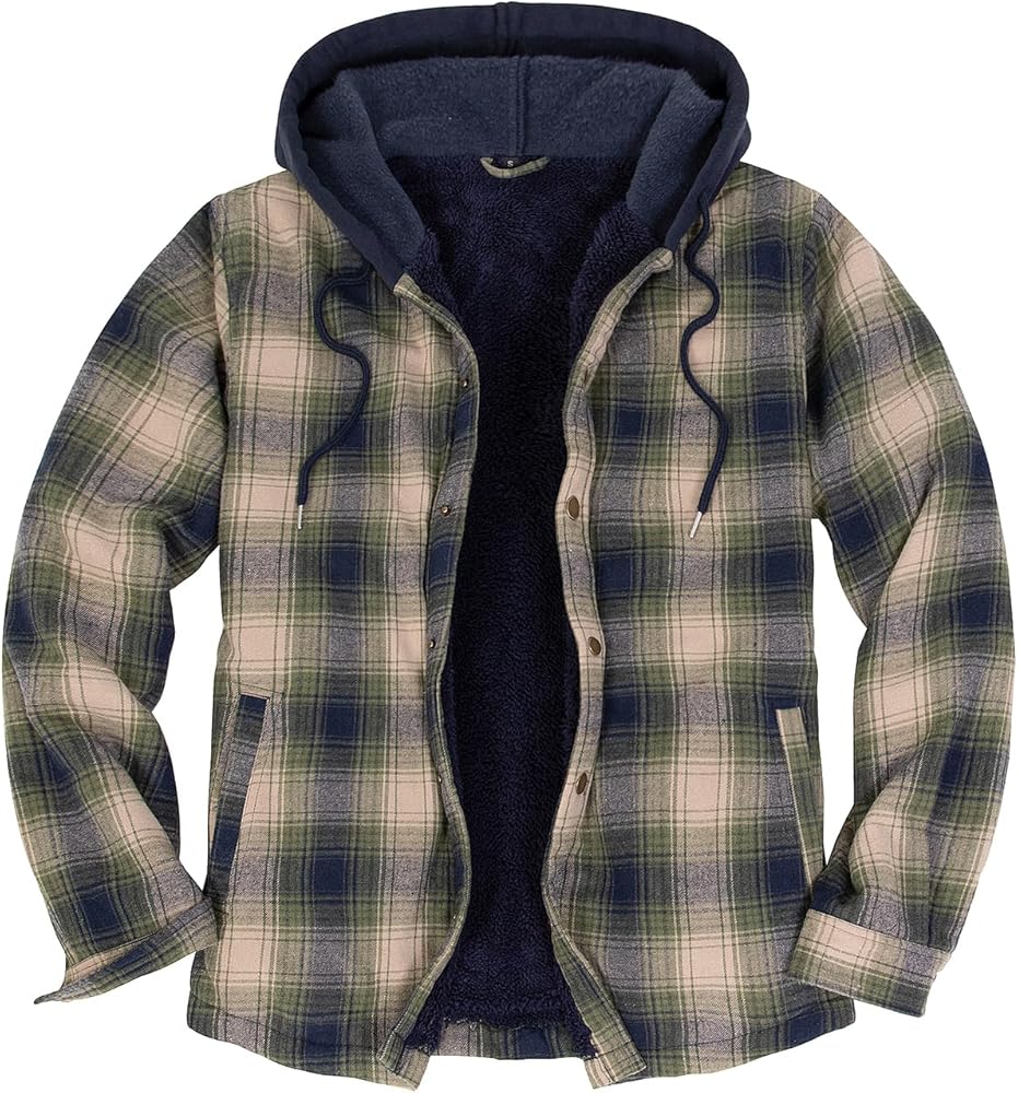 ZENTHACE Men's Sherpa Lined Flannel Shirt Jacket,Snap Button Down Plaid Jacket Shacket with Hood