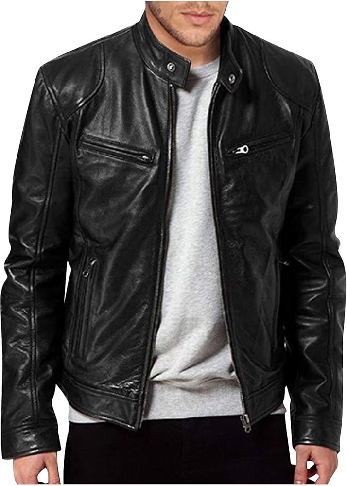 WENKOMG1 Men Faux Leather Jacket, Fall/Winter Thickening Coat Long Sleeve Zip Up Outwear Sports Basic Parka with Pocket