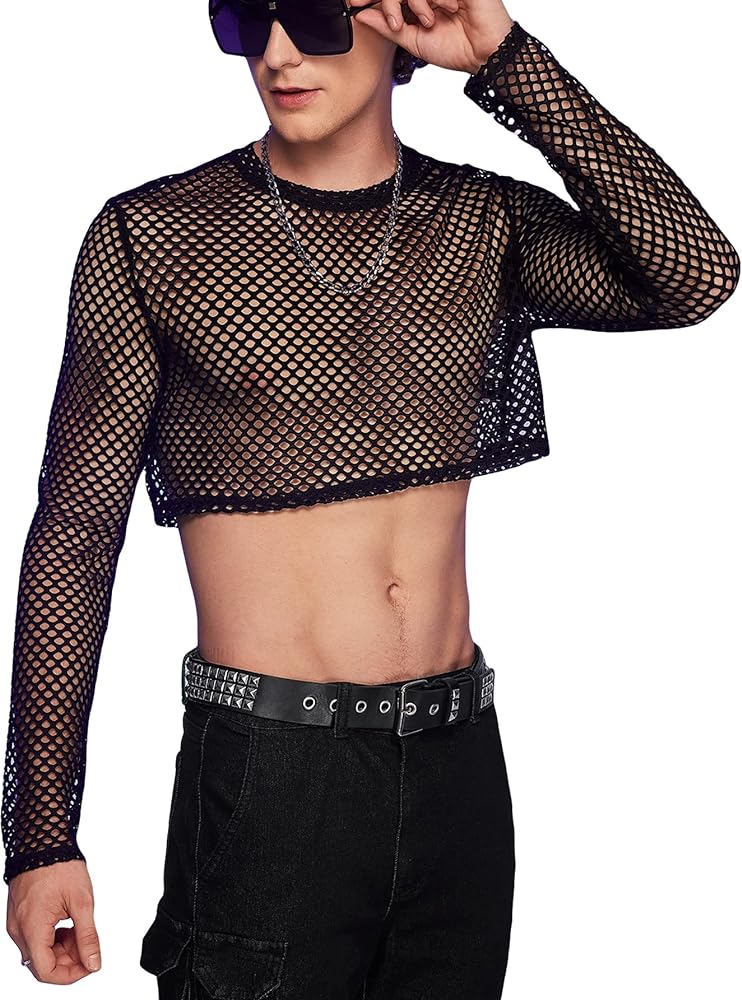 WDIRARA Men's See Through Fishnet Mesh Long Sleeve Sheer Crop Tops Party Club Top