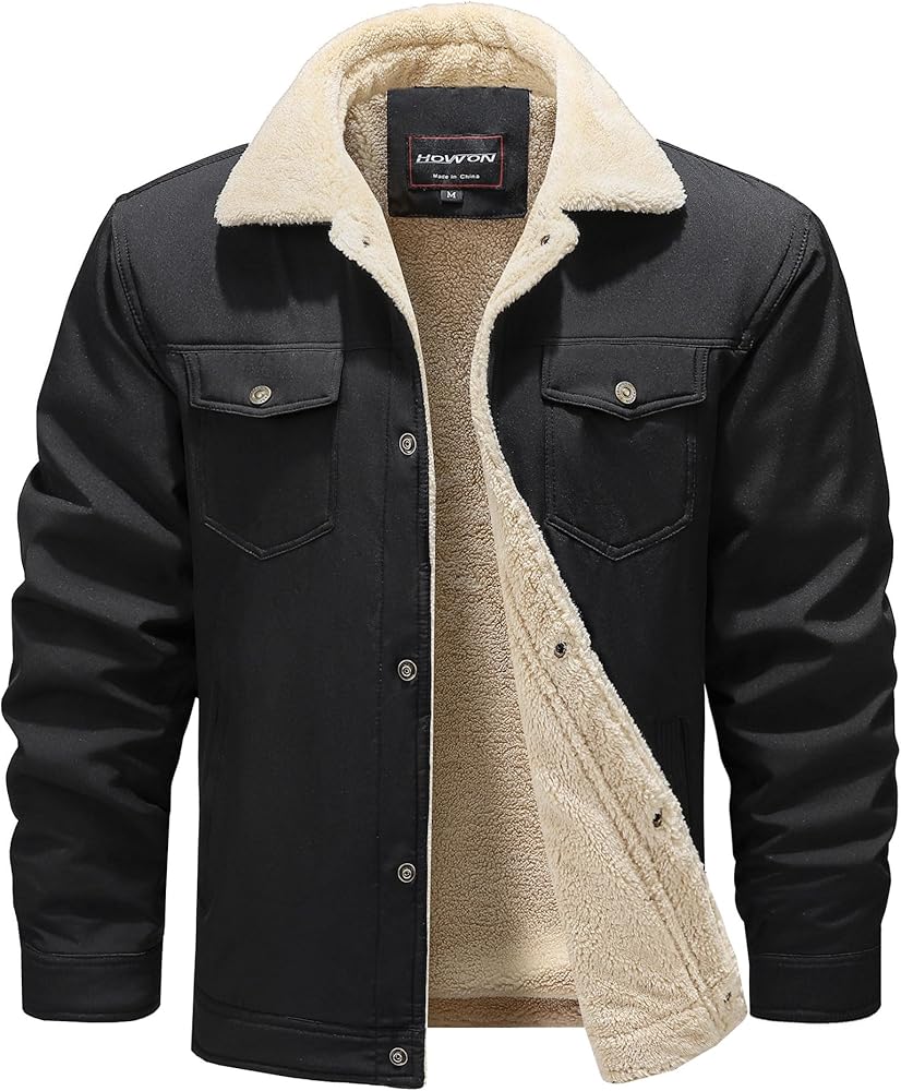 HOW'ON Men's Casual Sherpa Fleece Lined Jacket Warm Coat With Fur Collar