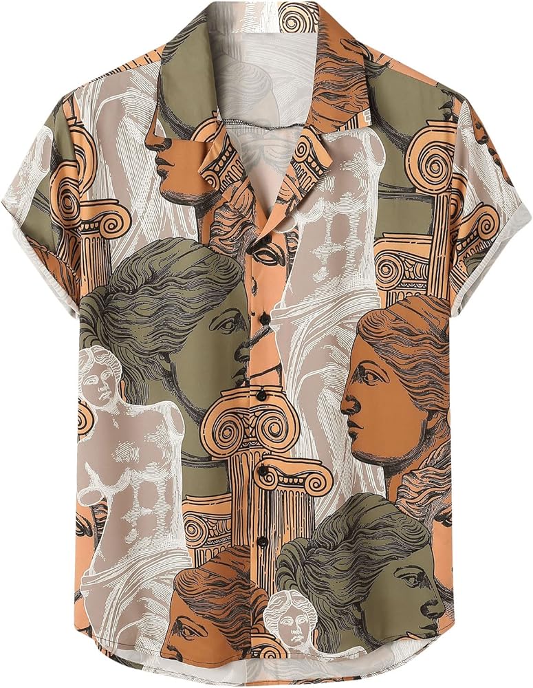 SOLY HUX Men's Figure Graphic Print Short Sleeve Button Down Shirt Top