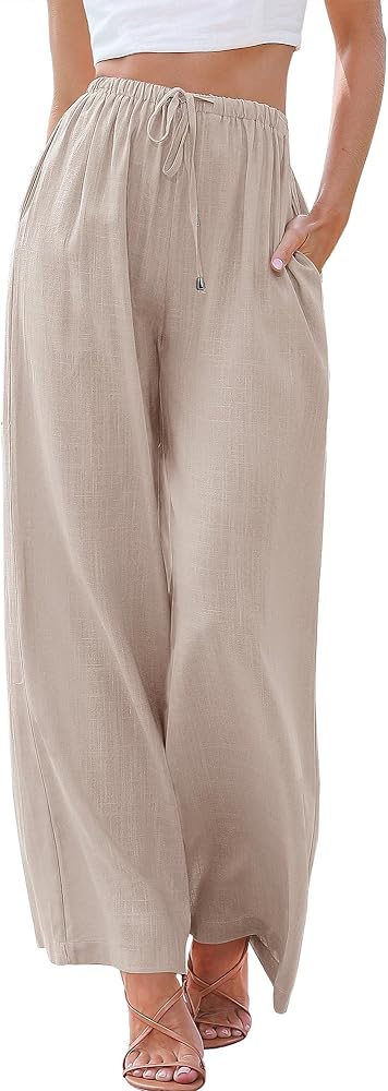 ANRABESS Women's Linen Summer Palazzo Pants Elastic Waist Casual Beach Trendy Wide Leg Trousers with Pockets