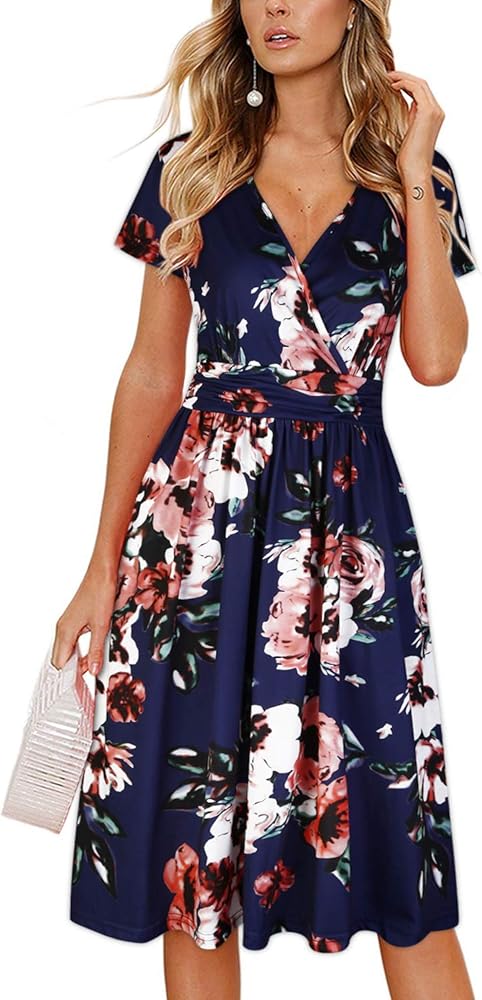 OUGES Women's Summer Short Sleeve V-Neck Floral Short Party Dress with Pockets