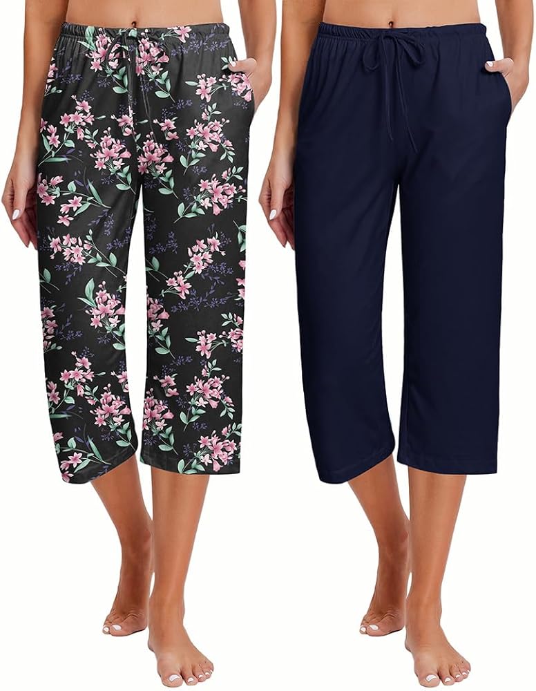 Ekouaer 2 Pack Women's Capri Pajama Pants Printed Drawstring Comfy Pj Bottoms With Pockets