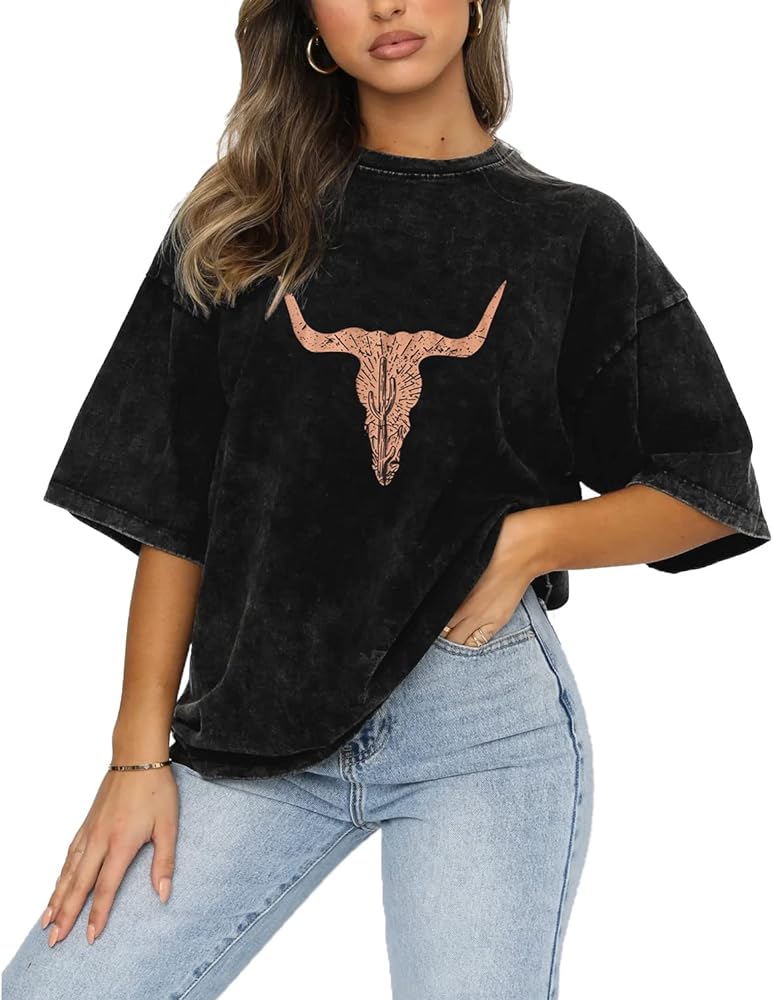 Rodeo Cow Skull Shirts for Women Vintage Western Bull Skull Graphic T-Shirt Retro Cowgirl Oversized Casual Tee Tops