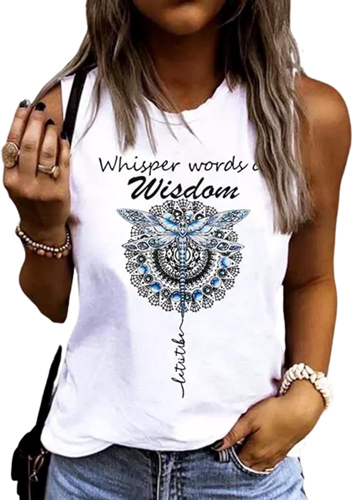 MHTOR Whisper Words of Wisdom Dragonfly Tank Summer Casual Beach Camping Party Women's Loose Sleeveless top T-Shirt Vest