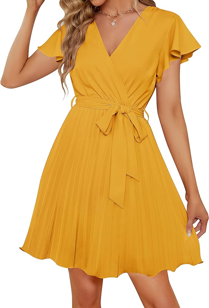 ZESICA Women's Wrap V Neck Mini Dress 2024 Summer Flutter Sleeve Tie Waist Pleated A Line Swing Wedding Party Short Dresses