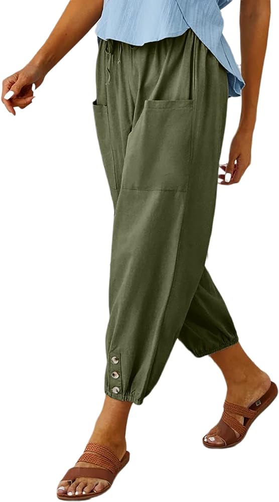 Womens Casual Capri Pants Elastic Waist Drawstring Summer Lounge Baggy Trousers Cinch Bottom Lantern Ankle Pants with Pockets