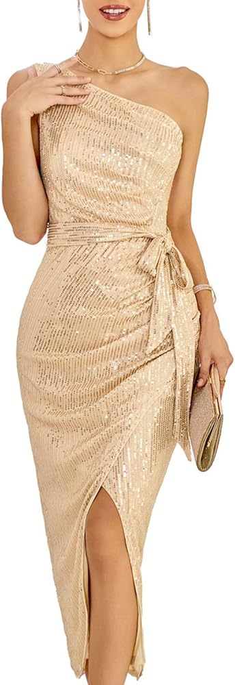 GRACE KARIN Women Sleeveless One Shoulder Sequin Dress Sparkly Glitter Wrap Dress Cocktail Wedding Maxi Dresses with Slit