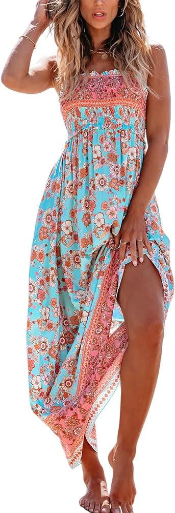 CUPSHE Women's Maxi Dress Ditsy Floral Smocked Summer Sundress Sleeveless Ruffled Spaghetti Straps Long Beach Formal Dress