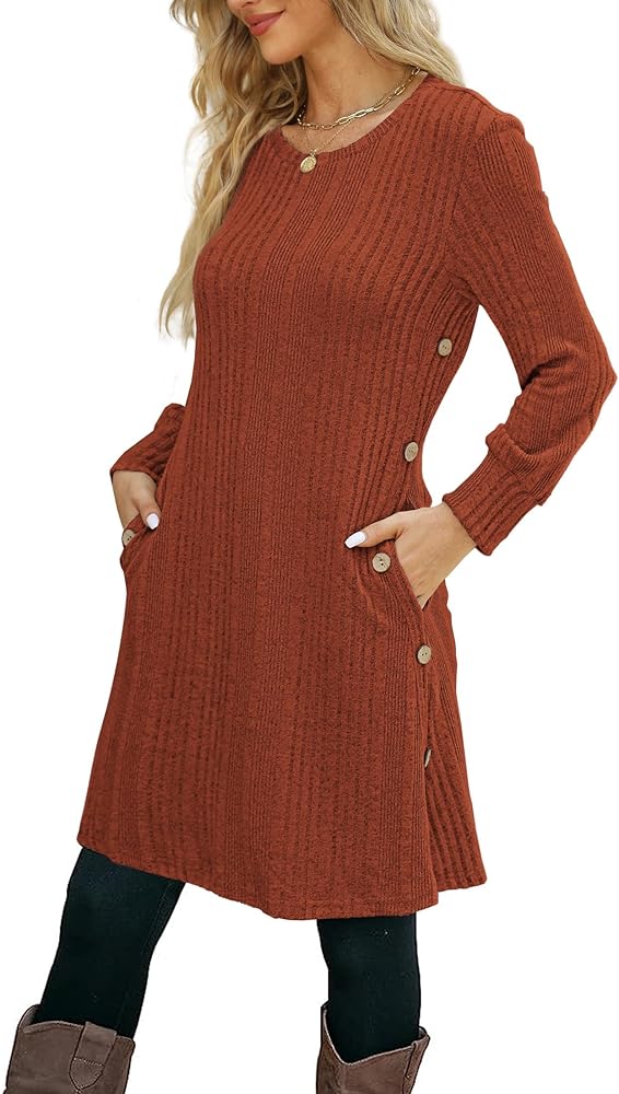 Long Sleeve Dress for Women Basic Crew Neck Tunic Dresses with Pockets Button Side Casual Dress S-2XL