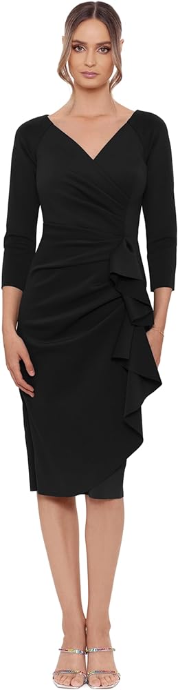 Xscape Women's 3/4 Sleeve V-Neck Side Ruched Midi Dress (Reg and Petite)