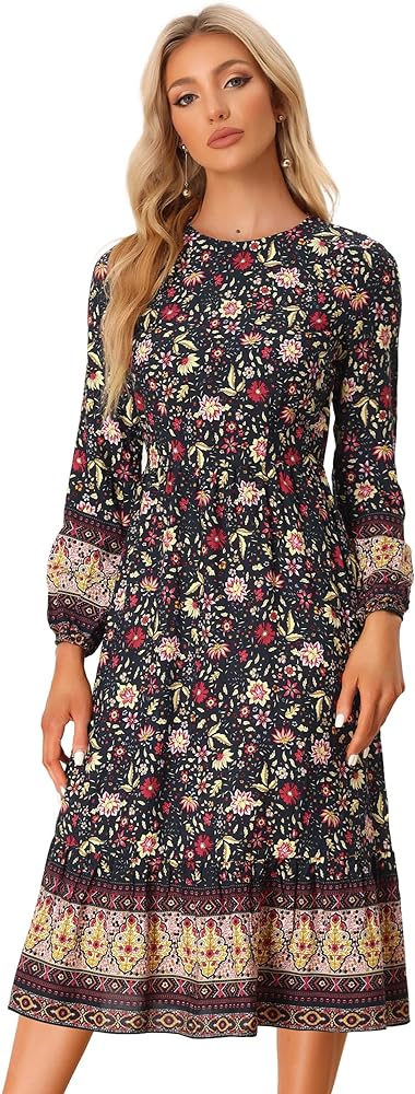 Allegra K Women's Boho Floral Dresses 2024 Spring Elastic Waist Flowy Long Sleeve Midi Dress