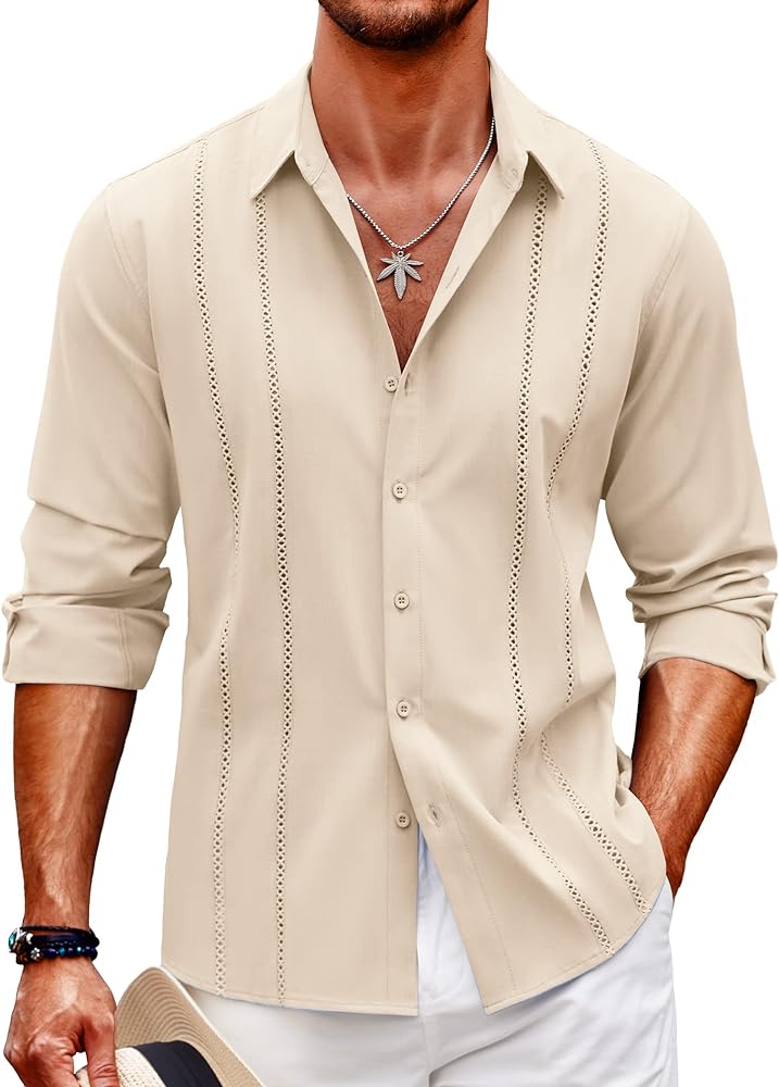 COOFANDY Mens Cuban Guayabera Shirt Casual Button Down Shirts Long Sleeve Summer Beach Shirts