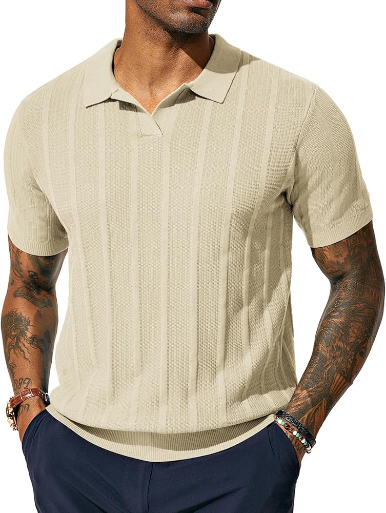 PJ PAUL JONES Mens Polo Shirts Textured Knit V-neck Summer Shirts