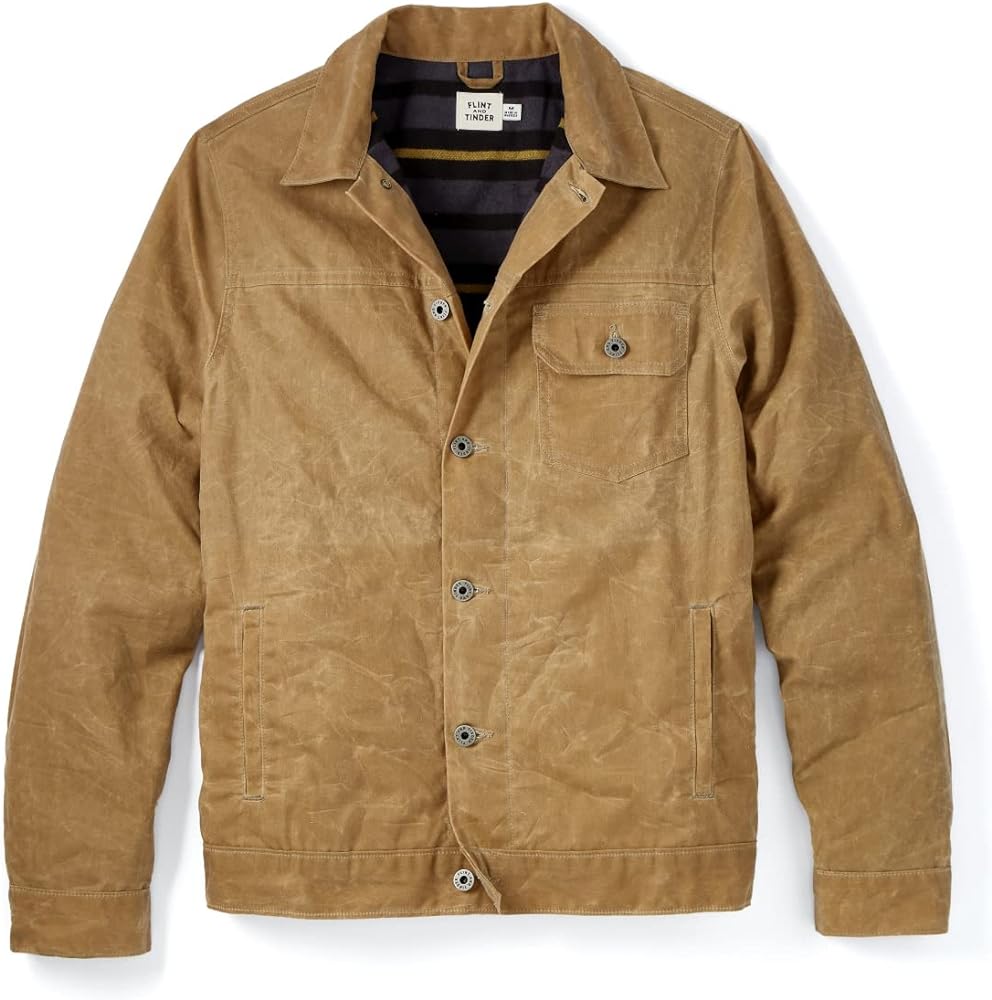 Huckberry Flint and Tinder Men's Flannel-Lined Waxed Trucker Jacket, Water & Weather Resistant