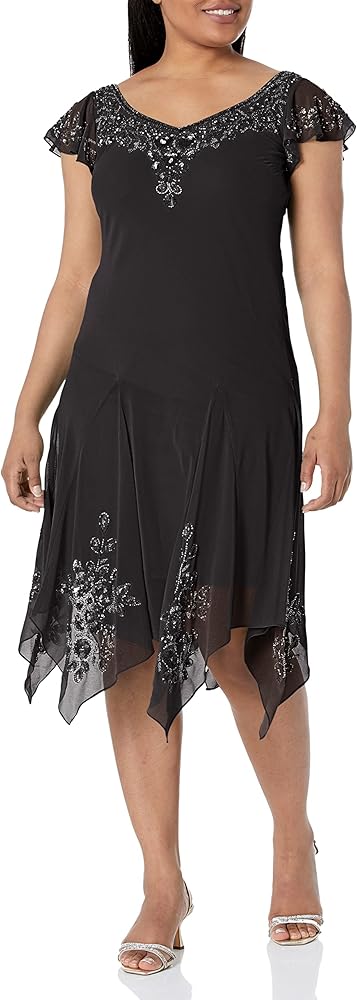 J Kara Women's Plus Size Petite Flutter Sleeve Hanky Hem Short Cocktail Beaded Dress