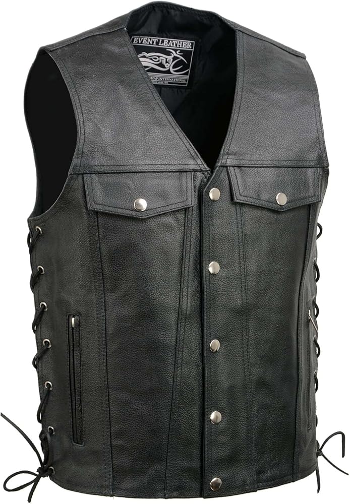 EL5360 Black Motorcycle Leather Vest with Denim Style Pockets -Riding Club Adult Vests