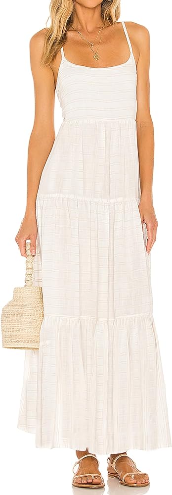 R.Vivimos Women's Summer Adjustable Spaghetti Strap Flowy Maxi Dress Boho Bow Tie Back Sexy Backless Ruffle Tiered Long Dress