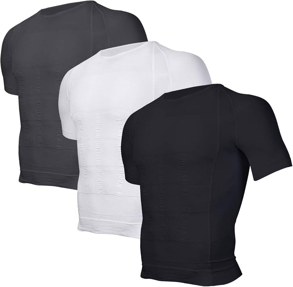 Odoland 3 Pack Men's Body Shaper Slimming Shirt Tummy Vest Thermal Compression Base Layer Slim Muscle Short Sleeve Shapewear