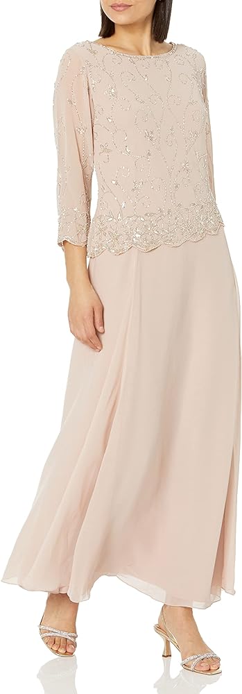 J Kara Women's Petite Beaded Scallop Bodice Asymmetrical Gown