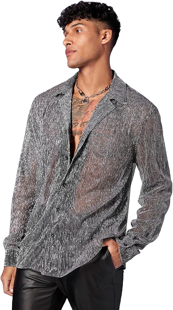 WDIRARA Men's Sheer Mesh See Through Glitter Button Front Long Sleeve Shirt Tops