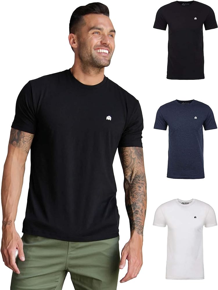 INTO THE AM Men's Fitted Crew Neck Logo Basic Tees 3-Pack - Modern Fit Fresh Classic Short Sleeve T-Shirts for Men (Black/Navy/White, Large)