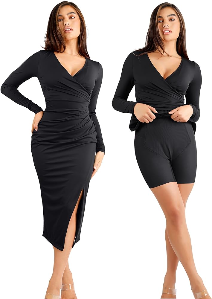 Popilush The Shapewear Dress V Neck Formal Wedding Midi Dress Built in Shapewear for Women Long Sleeve Bodycon Dress