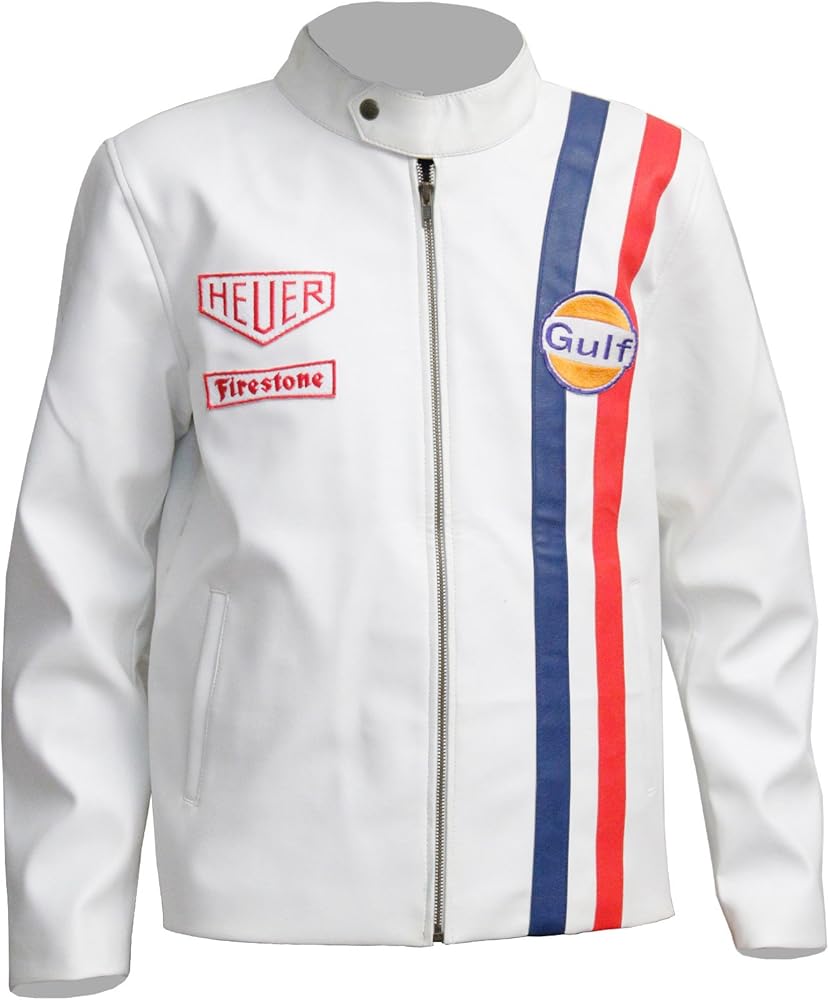 White Racing Genuine Leather Jacket for Mens