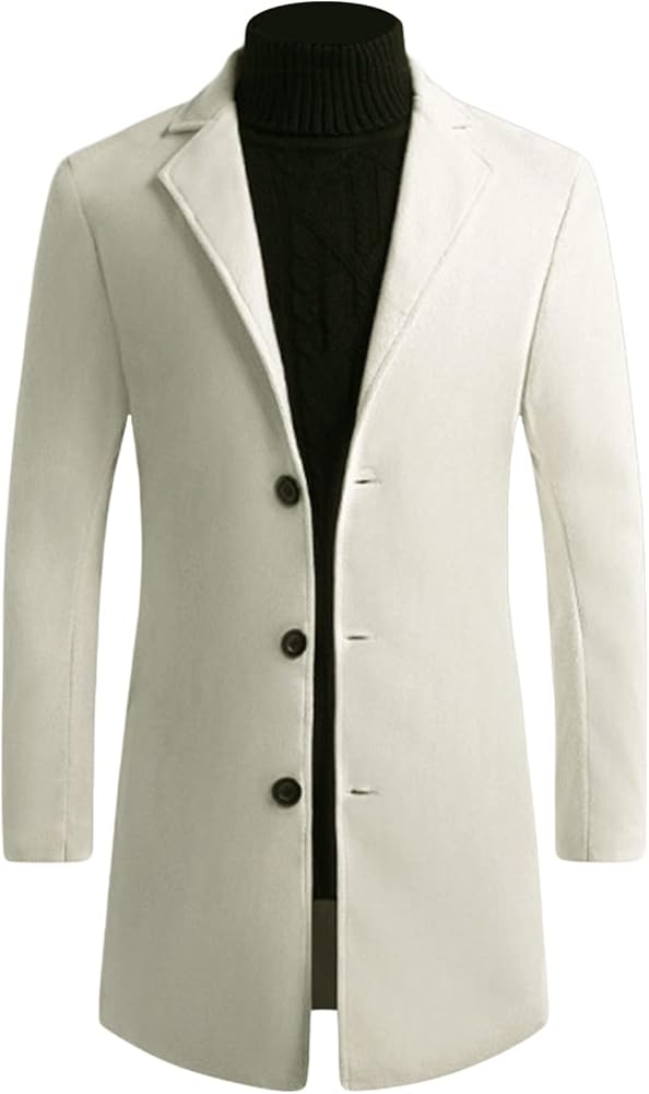 Mens Wool Blend Trench Coat Mid-Length Notched Collar Long Top Pea Coats Business Single Breasted Jacket Overcoat