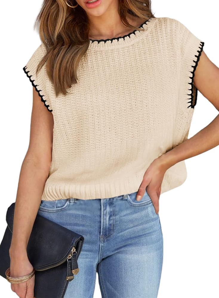 EVALESS Womens Cap Sleeve Sweater Vest Summer Crewneck Short Sleeve Sweaters for Women 2024 Lightweight Casual Knit Tops