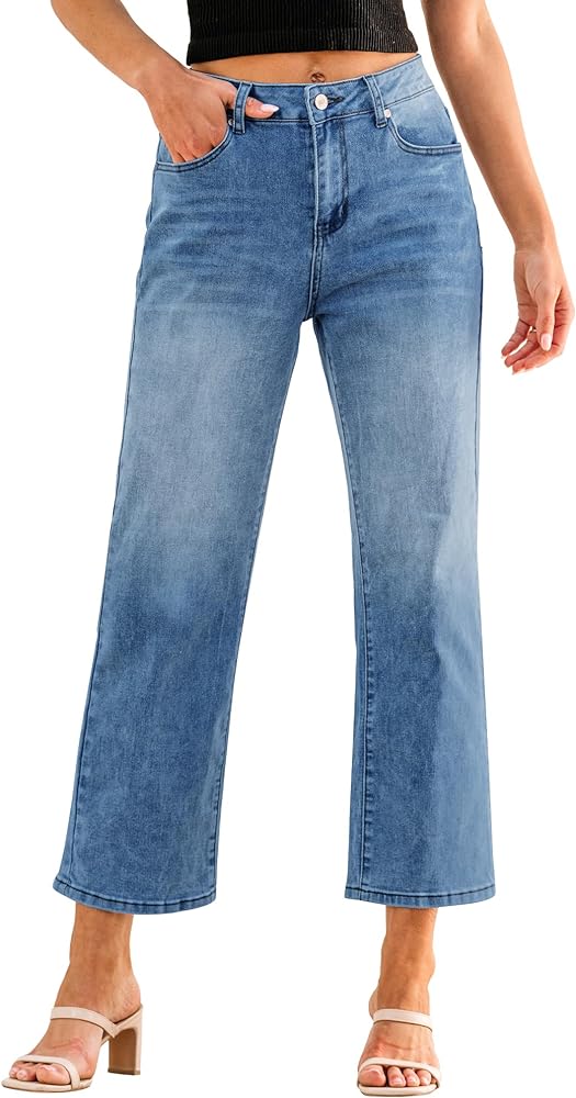 GRAPENT Jeans for Women Trendy High Waisted Baggy Straight Leg Stretchy Denim Ankle Pants Cropped Jeans with Pockets