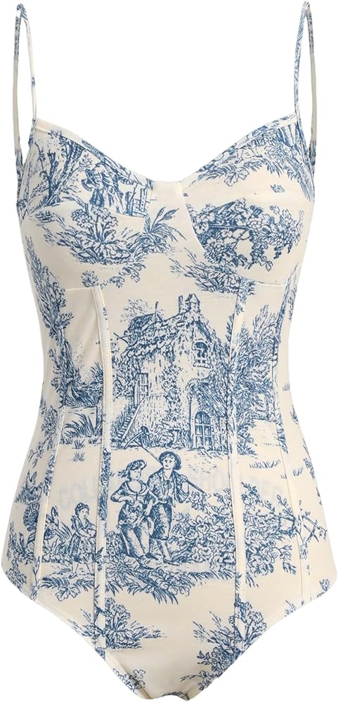 CIDER Women's Santorini Beach Vacation Toile de Jouy Bodysuit