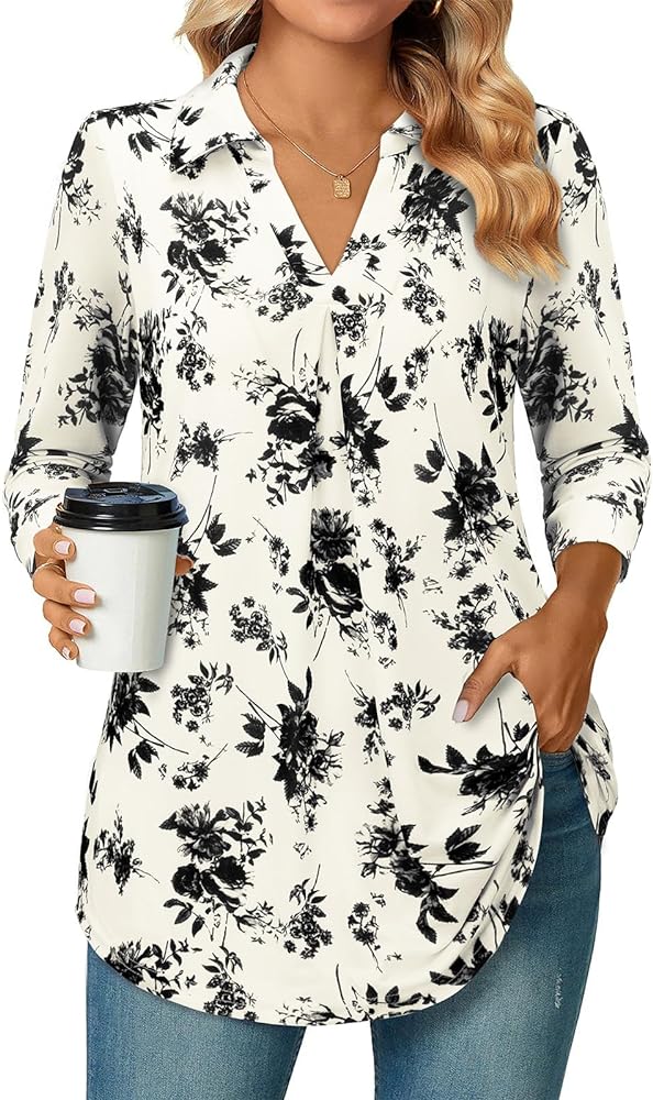 Bulotus Women's 3/4 Sleeve Tunic Shirts Business Casual Blouses V Neck Work Tops