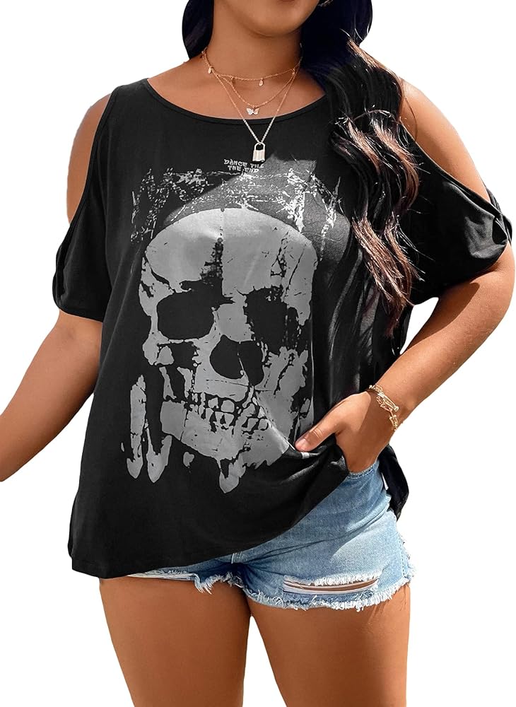 SOLY HUX Women's Plus Size Graphic Tees Skull Print Cold Shoulder Short Sleeve Summer T Shirt Tops