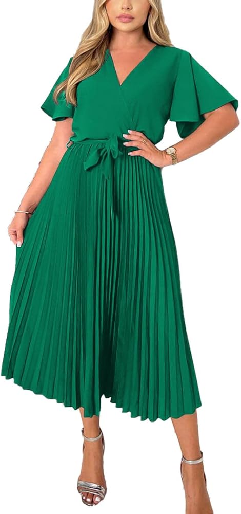 BTFBM Women Wrap V Neck Casual Summer Dresses 2023 Short Sleeve Satin Tie Waist Pleated Flowy Wedding Guest Midi Dress