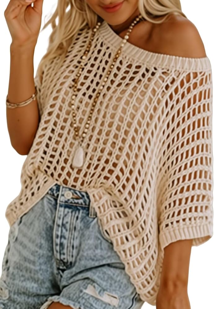 Dokotoo Womens Summer Scoop Neck Short Sleeve Sweater Casual Crochet Hollow Out Knit Tops Pullover Shirts Beach Coverup