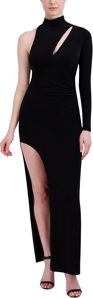 BCBGMAXAZRIA Women's Bodycon Floor Length Evening Gown One Long Sleeve Mock Neck Shirred Cut Out Side Slit