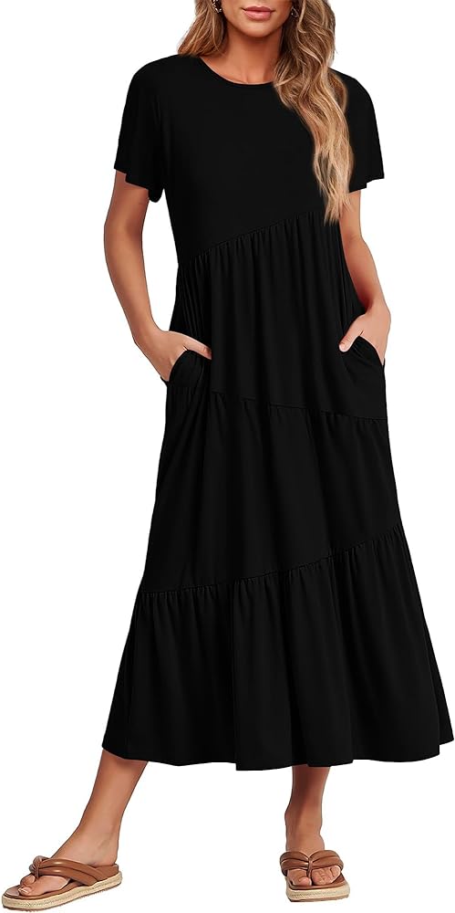 BTFBM Women Summer Casual Short Sleeve Dresses Crewneck Solid Color Maxi Dress Wedding Guest Dresses with Pockets