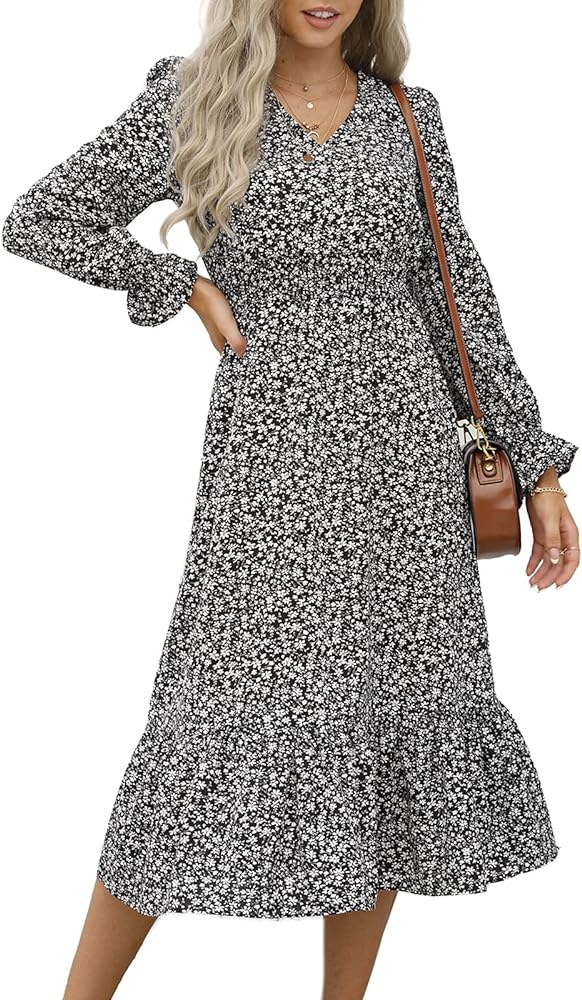 PRETTYGARDEN Women's Casual Long Sleeve Midi Fall Dress Boho Pleated V Neck Ruffled Vintage Floral Print Flowy Long Dresses