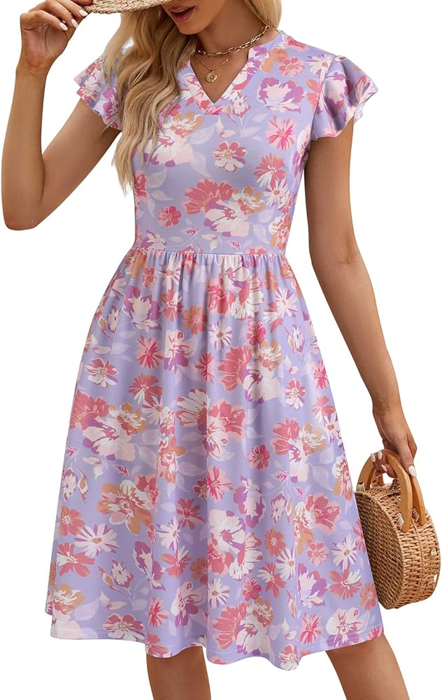 YATHON Casual Dresses for Women 2024 Cute Summer Floral Fit and Flare Cap Sleeve A Line Knee Length Dress with Pocket