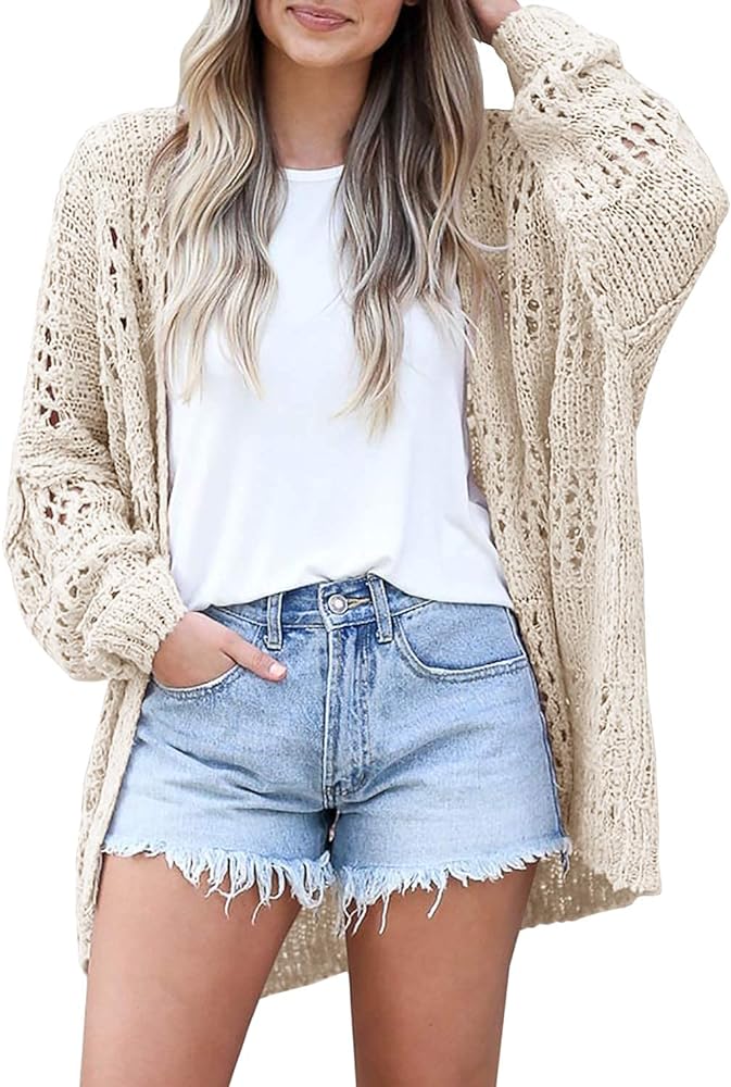 Mafulus Women's Crochet Cardigan Kimono Boho Long Sleeve Lightweight Soft Oversized Open Front Knitted Sweater