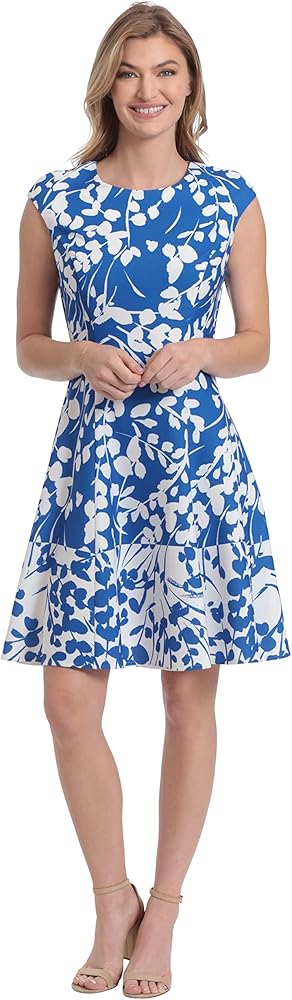 London Times Women's Floral Print Fit and Flare with Contrast Border at Hem