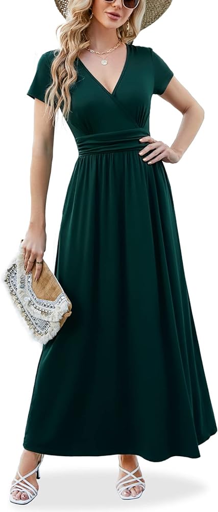 ANRILITA Maxi Dress for Women Wrap V Neck Short Sleeve Empire Pleated Waist Summer Casual Elegant Long Dress with Pockets