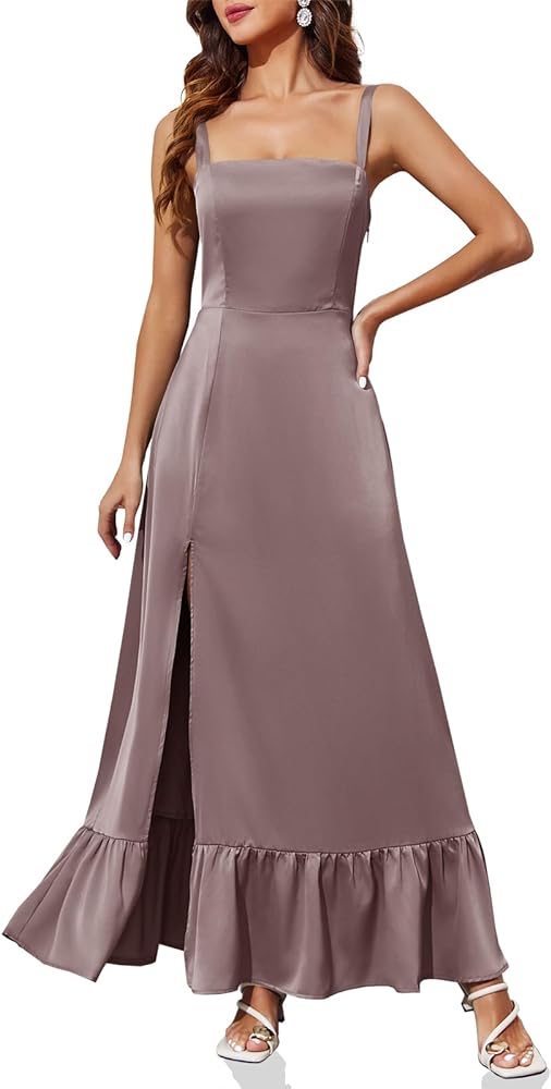 Fisoew Womens Satin Sleeveless Dresses Corset Criss Cross Backless Split Elegant Cocktail Maxi Dress